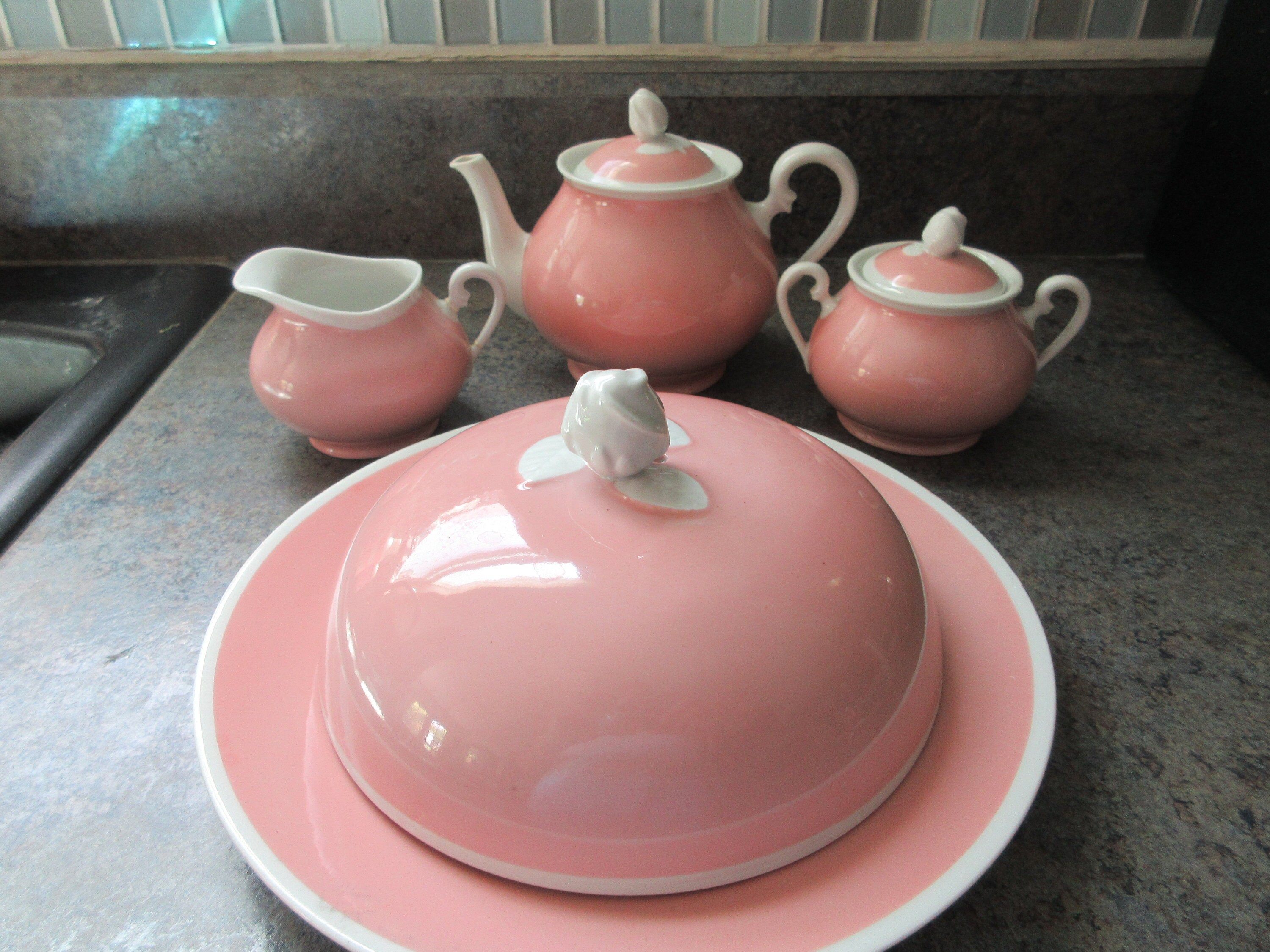 Rare Vintage Italian Richard Ginori Pink & White Tea Set and Butter Plate