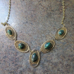 Antique Brass Filigree Blue Green Stone Necklace