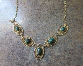 Antique Brass Filigree Blue Green Stone Necklace