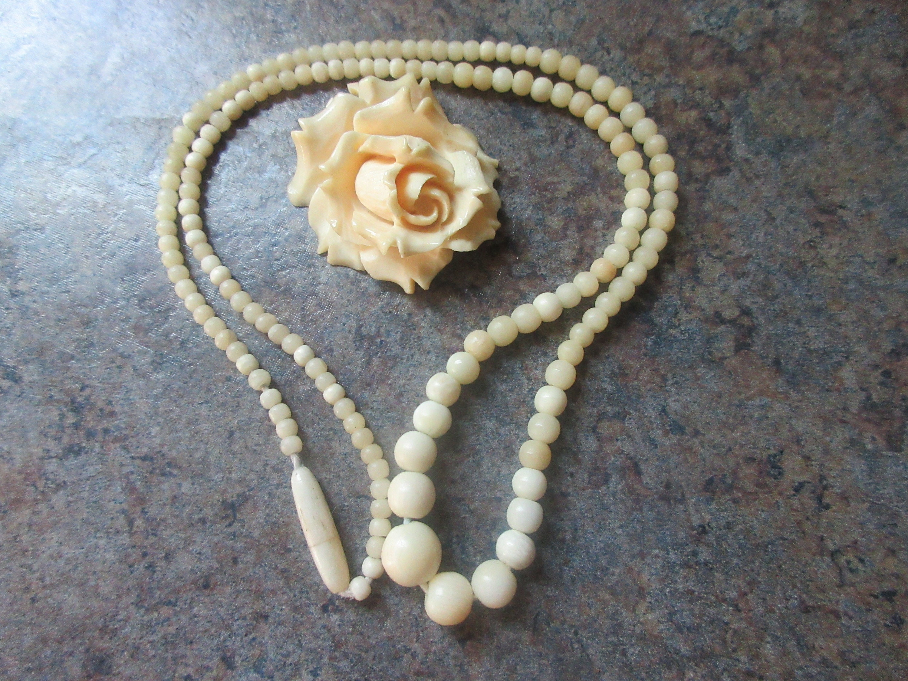 Pre Ban Ivory Graduated Bead Necklace w/Ivory Rose Pendant