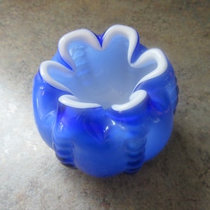 Vintage Fenton Beaded Melon Cobalt Blue Overlay Rose Rose Bowl