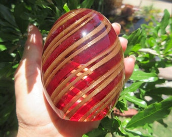 Murano Ferro Lazzarini Red Gold Swirl Art Glass Egg Paperweight