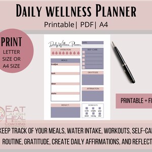 Daily Wellness Planner, Meal Tracker, Water Log, Self-Care Tracker, Fitness Tracker, Healthy Eating, Affirmations, Gratitude, Printable