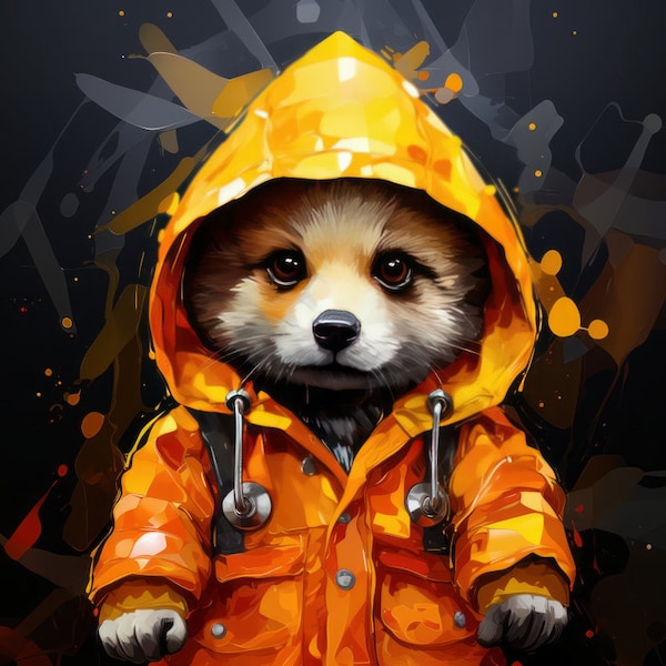 Cute Raccoon in Rain Jacket - Digital Picture Printable as Wallpaper, Canvas, etc. Couple, Friends, Siblings, Gift for Christmas or Birthday