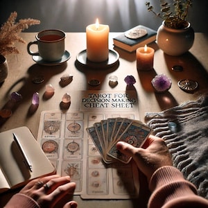 May include: A tarot reading setup with lit candles, crystals, and a "Tarot for Decision Making Cheat Sheet." A hand holds a deck of tarot cards. A cup of tea, a notebook, and decorative items complete the scene.