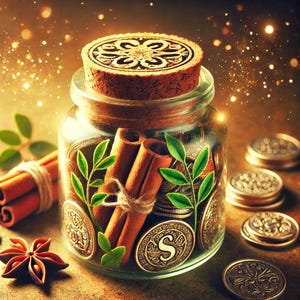 Op de afbeelding: Een heldere glazen pot gevuld met kaneelstokjes, munten en groene takjes, afgedekt met een kurken deksel. De pot is omringd door andere munten en steranijs. De achtergrond heeft een warme, gouden gloed.