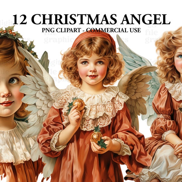Christmas Retro red Hair Angels Watercolor Clipart, Christmas Vintage Clipart PNG, Angels Clipart, Paper craft - Junk Journal, Scrapbooking