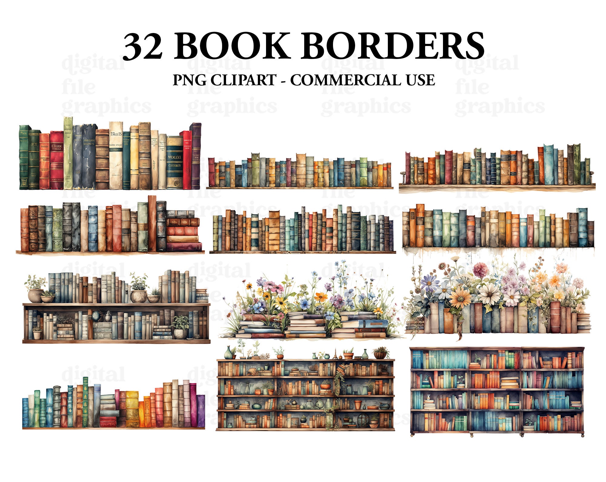 Books Border Bookshelf Watercolor Clipart, Books Watercolour Clipart PNG,  Book Graphics, Paper Craft Junk Journal, Digital Scrapbooking - Etsy