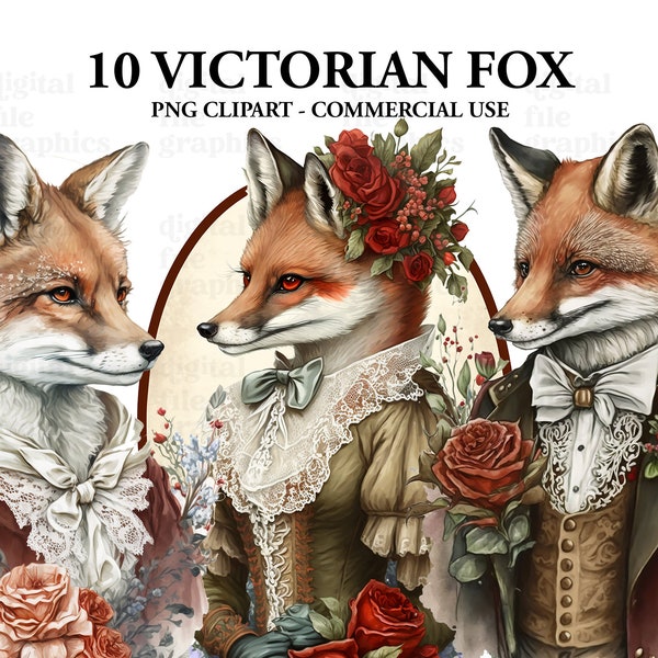 Victorian Vintage Foxes Watercolor Clipart, Vintage Fox Clipart PNG, Fantasy art Clipart, Paper craft - Junk Journal, Scrapbooking