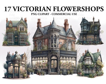 Victorian Flower Shop Watercolor Clipart, Flower shop Building, Cute Shop Bundle PNG, Floral shop clipart, Scrapbooking, Instant Download