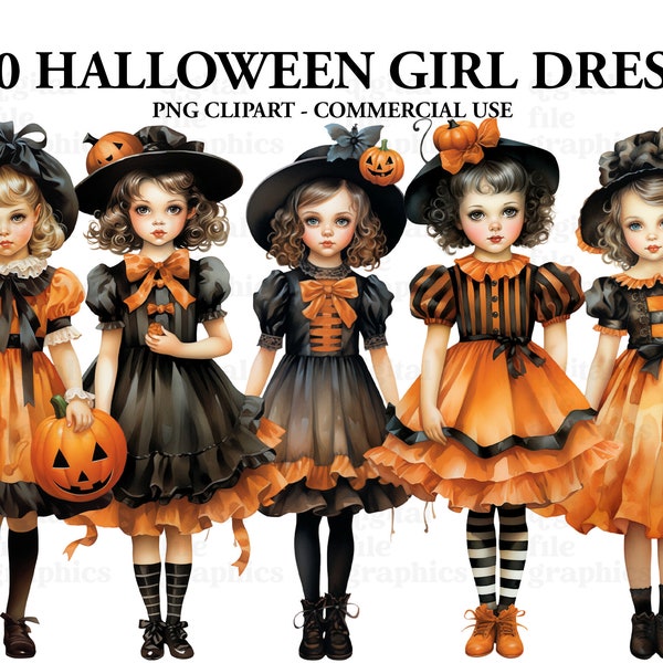 Halloween Retro Kid Dress Watercolor Clipart, Halloween Vintage Clipart PNG, Halloween Clipart, Paper craft - Junk Journal, Scrapbooking