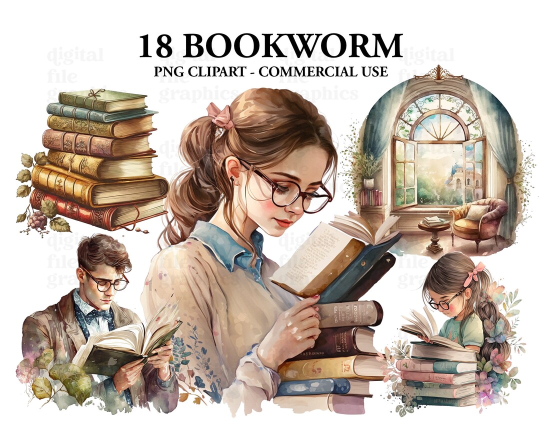 Bookworm Reading Watercolor Clipart Library Interior Room Etsy