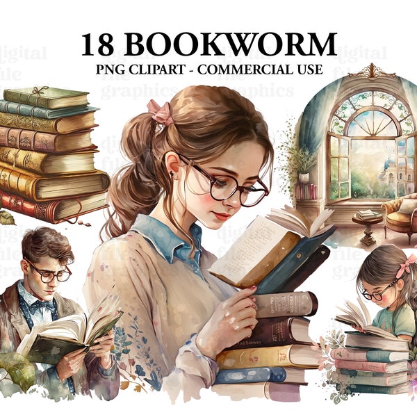 Bookworm Reading Watercolor Clipart, Library Interior Room, Favourite Place, Books Bundle PNG, Book Reading, Instant Download