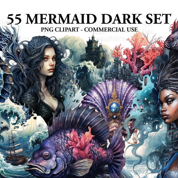Dark Mermaid Clipart Clipart, Black Mermaid clipart PNG, Witches PNG, Scrapbook, Junk Journal, Paper Crafts Scrapbooking