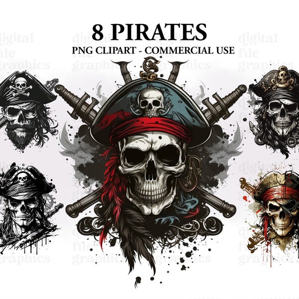 Pirate Aquarelle Clipart, Pirate Skull Black style, Clipart magique, Pirates Bundle PNG, Clipart mystique, Céleste, Téléchargement instantané