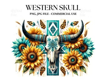 Western Skull Watercolor Sublimation, Cow Skull Clipart PNG, Sunflowers Western Sublimation, Western graphic t-shirt, Digital graphic design