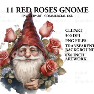 Red Roses Gnome Clipart, Watercolor Gnome, Watercolor Clipart Bundle ...