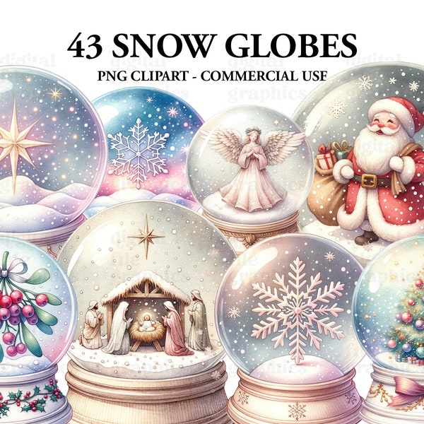 Christmas Snow Globes Watercolor Clipart, Glass Ball Clipart PNG, Christmas Tree png Clipart, Santa Paper craft - Junk Journal, Scrapbooking