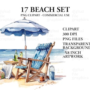 Beach Day Set Watercolor Clipart, Beach clipart, Beach Bag, Beach chair, Watercolor Bundle PNG, Scrapbooking, Instant Download image 5