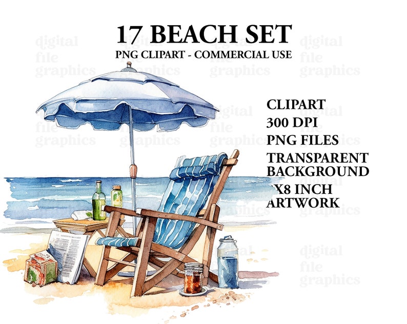 Beach Day Set Watercolor Clipart, Beach clipart, Beach Bag, Beach chair, Watercolor Bundle PNG, Scrapbooking, Instant Download image 5