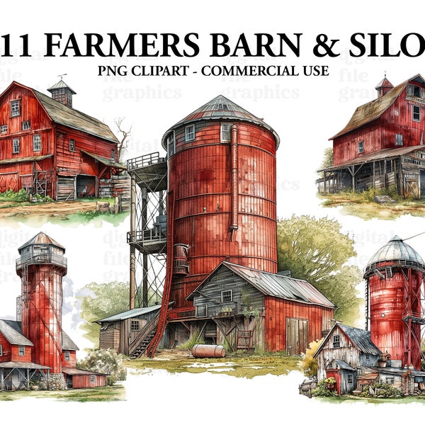 Red Farm Barn And Silo Watercolor Clipart, Farmhouse clipart, Barn Bundle PNG, Watercolor clipart, Farmers house, Download, Farmers Clipart