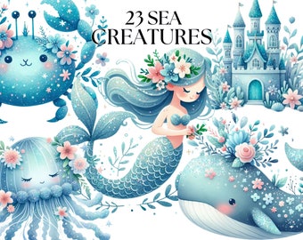 Sea Creatures Clipart Bundle Watercolor Clipart, Sea Animals Clipart, Fantasy clipart, Kids Mermaid Art, Underwater clipart,Instant Download