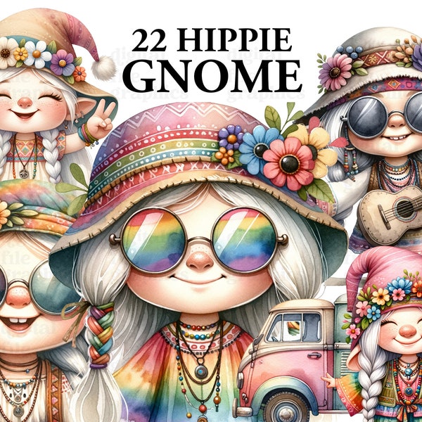 Hippie Gnome Watercolor Clipart, Gnome Clipart PNG, Fantasy Gnome Clipart, Hippie graphics, Paper craft - Junk Journal, Scrapbooking