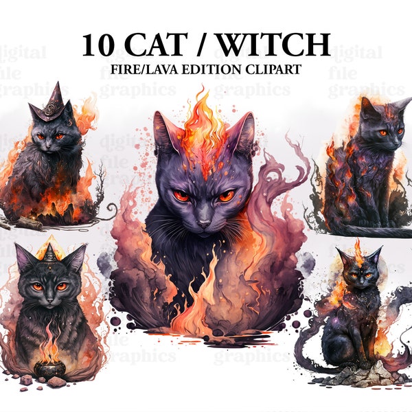 Witch Cat Watercolor Clipart, Cat Fire Lava style, Fantasy clipart, Witchcraft Bundle PNG, Mystical clipart, Instant Download