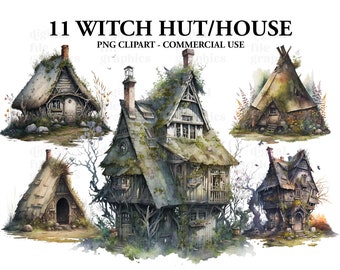 Witch Hut Watercolor Clipart, Witch Black style, Magical clipart, Witchcraft Bundle PNG, Mystical clipart, Celestial witch, Instant Download