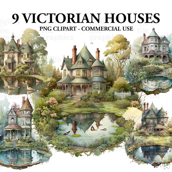 Victorian House Watercolor Clipart, House pond clipart, Country Bundle PNG, Scrapbook, Junk Journal, Paper Crafts Scrapbooking