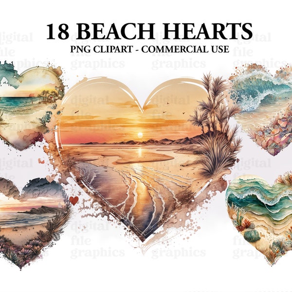 Strand tropische zonsondergang hart aquarel clipart, hart clipart, strand zonsondergang, aquarel bundel PNG, scrapbooking harten, Instant Download