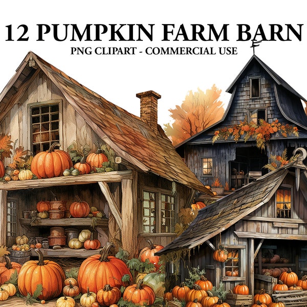 Autumn Pumpkin Farmers Barn Watercolor Clipart, Fall Orange Autumn Clipart PNG, Fall Clipart, Paper craft - Junk Journal, Scrapbooking