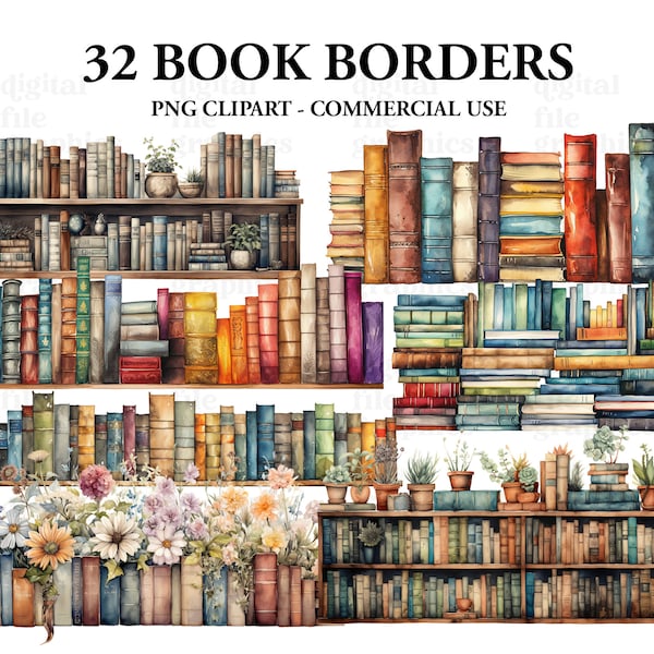 Books Border Bookshelf Watercolor Clipart, Books Watercolour Clipart PNG, Book graphics, Paper craft - Junk Journal, Digital Scrapbooking