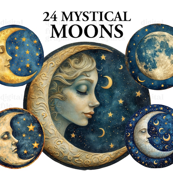 Mystical Moon Watercolor Clipart, Moon clipart, Moon and Stars Bundle, Fantasy clipart, Magical clipart, Moon illustration, Card making