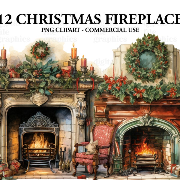 Christmas Fireplace Watercolor Clipart, Christmas decoration Clipart, Christmas Clipart, Paper craft - Junk Journal, Scrapbooking