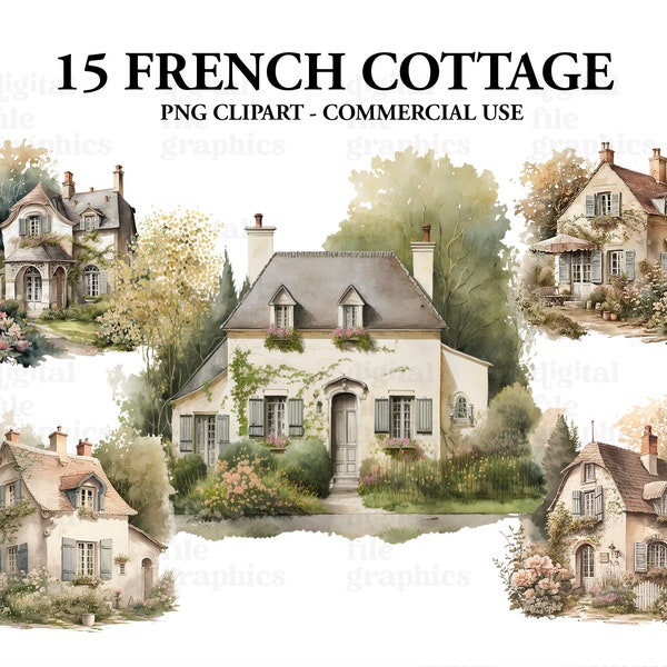 Französisches Landhaus Aquarell Clipart, Cottage Clipart, Vintage Cottagecore Clipart, gemütliche Landhäuser Bundle PNG, Instant Download