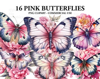 Pink Butterfly and Flower Watercolor Clipart png, Butterfly Clipart PNG, image clipart, Scrapbook, Junk Journal, Paper Crafts Scrapbooking