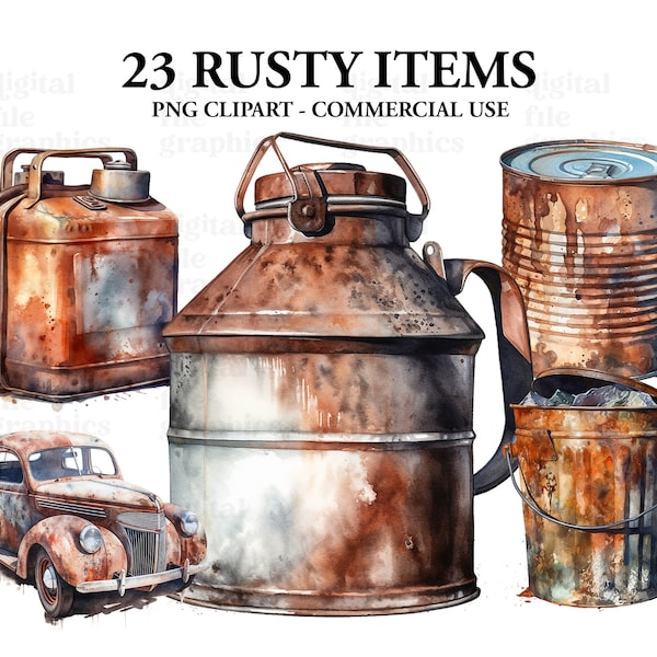 Vintage Rusty items Watercolor Clipart, Cans Buckets Bundle PNG, Pot, Jar, Scrapbook, Junk Journal, Paper Crafts Scrapbooking