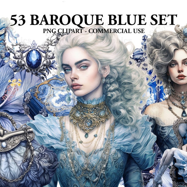 Blue Baroque Vintage Watercolor Clipart, Baroque Furnitures, Vintage lady, Perfume, Scrapbook, Junk Journal, Paper Crafts Scrapbooking