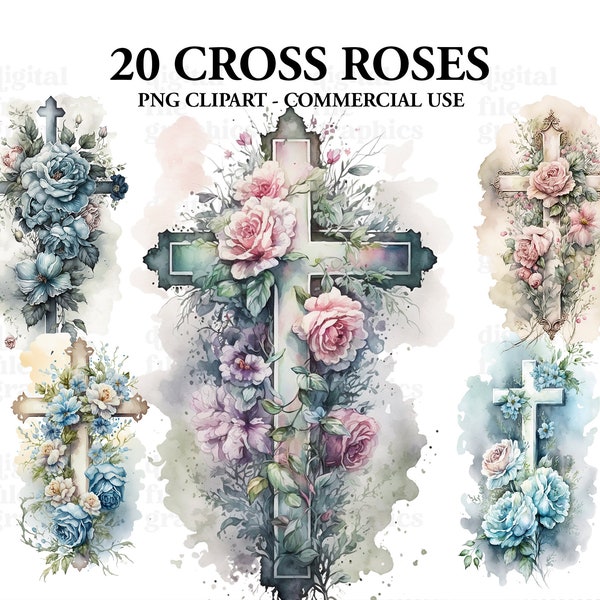 Flower Cross Watercolor Clipart, Cross clipart, Watercolor Bundle PNG, floral cross watercolor clipart image files, Farmers house