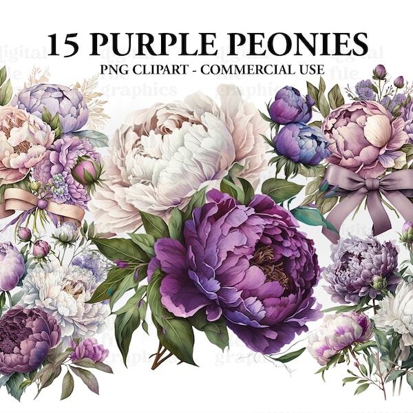 Purple & White Peonies Watercolor Clipart, Floral clipart, Summer flowers clipart, Peonies Bundle PNG, Instant Download