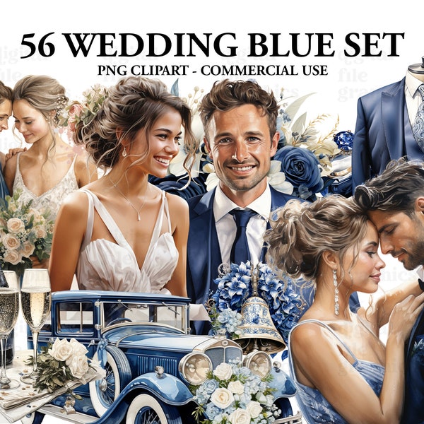 Blue Wedding Day Clipart Bundle Watercolor, Wedding Romantic clipart, Wedding Set png, Scrapbook, Junk Journal, Paper Crafts