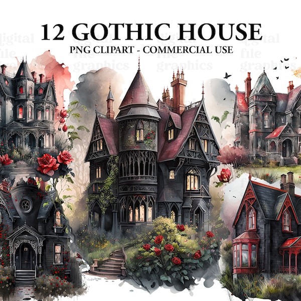 Gothic House Watercolor Clipart, House clipart, Creepy Gothic Watercolor clipart image files, Paper craft - Junk Journal, Scrapbooking