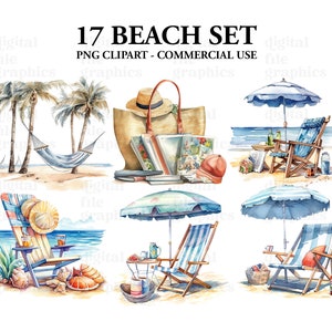 Beach Day Set Watercolor Clipart, Beach clipart, Beach Bag, Beach chair, Watercolor Bundle PNG, Scrapbooking, Instant Download image 3