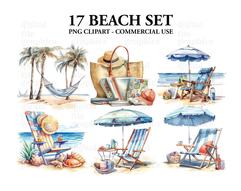 Beach Day Set Watercolor Clipart, Beach clipart, Beach Bag, Beach chair, Watercolor Bundle PNG, Scrapbooking, Instant Download image 3