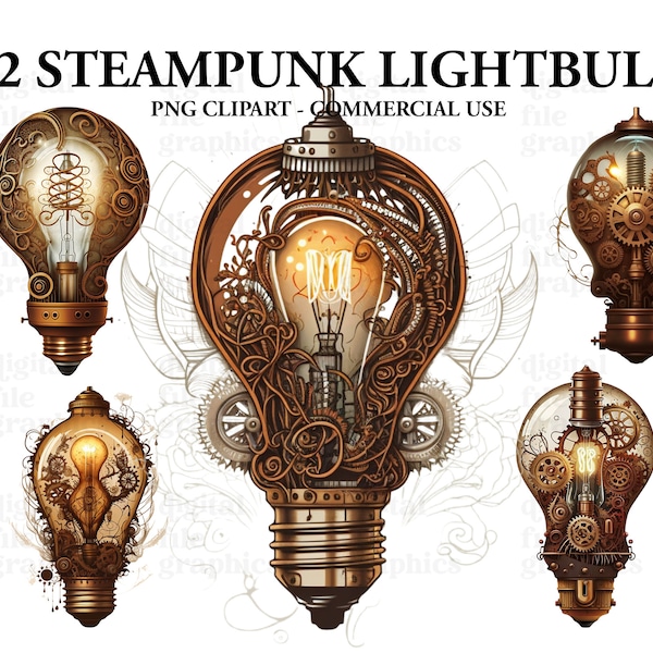 Imágenes Prediseñadas de bombilla Steampunk, estilo Steampunk, imágenes prediseñadas de bombilla, paquete Steampunk PNG, imágenes prediseñadas de diarios basura, imágenes prediseñadas de fantasía, descarga instantánea