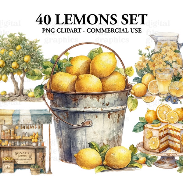 Lemon Watercolor Clipart, Lemon truck clipart, Lemons Bundle PNG, clipart set, Paper craft - Junk Journal, Scrapbooking