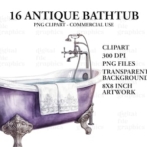 Antique Bathtubs Watercolor Clipart, Bath tub clipart, Bathroom clipart, clipart Bundle PNG, Junk Journal, Paper Crafts Scrapbooking image 4