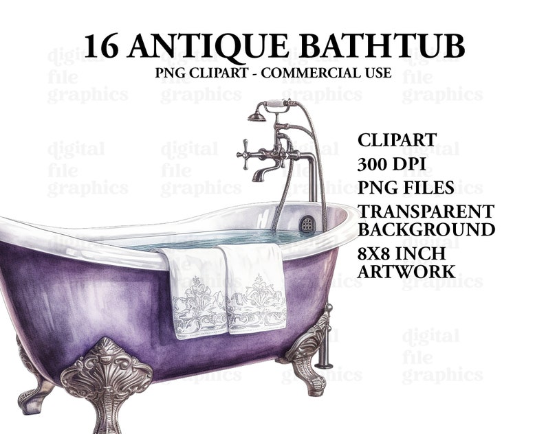Antique Bathtubs Watercolor Clipart, Bath tub clipart, Bathroom clipart, clipart Bundle PNG, Junk Journal, Paper Crafts Scrapbooking image 4