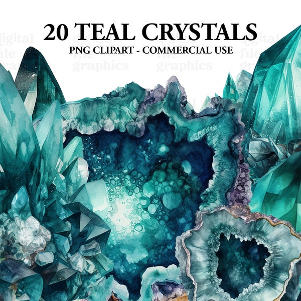 Teal Crystals Gems Watercolor Clipart png, Geobe Clipart Bundle PNG, Watercolor clipart, Scrapbook, Junk Journal, Paper Crafts Scrapbooking